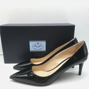 Prada Black Patent Leather Pointed Toe Kitten Heel Pumps